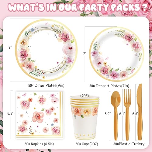 Miniatura 3 de 353 platos de papel floral y servilletas para fiestas, sirve 50 decoraciones florales, incluye platos, vasos, servilletas, cubiertos, pancarta,