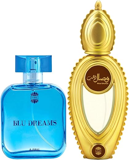 Ajmal Blu Dreams EDP Citurs Fruity Perfume 100ml for Men and Wisal Dhahab EDP Fruity Floral Perfume 50ml for Men + 2 Parfum Testers FREE