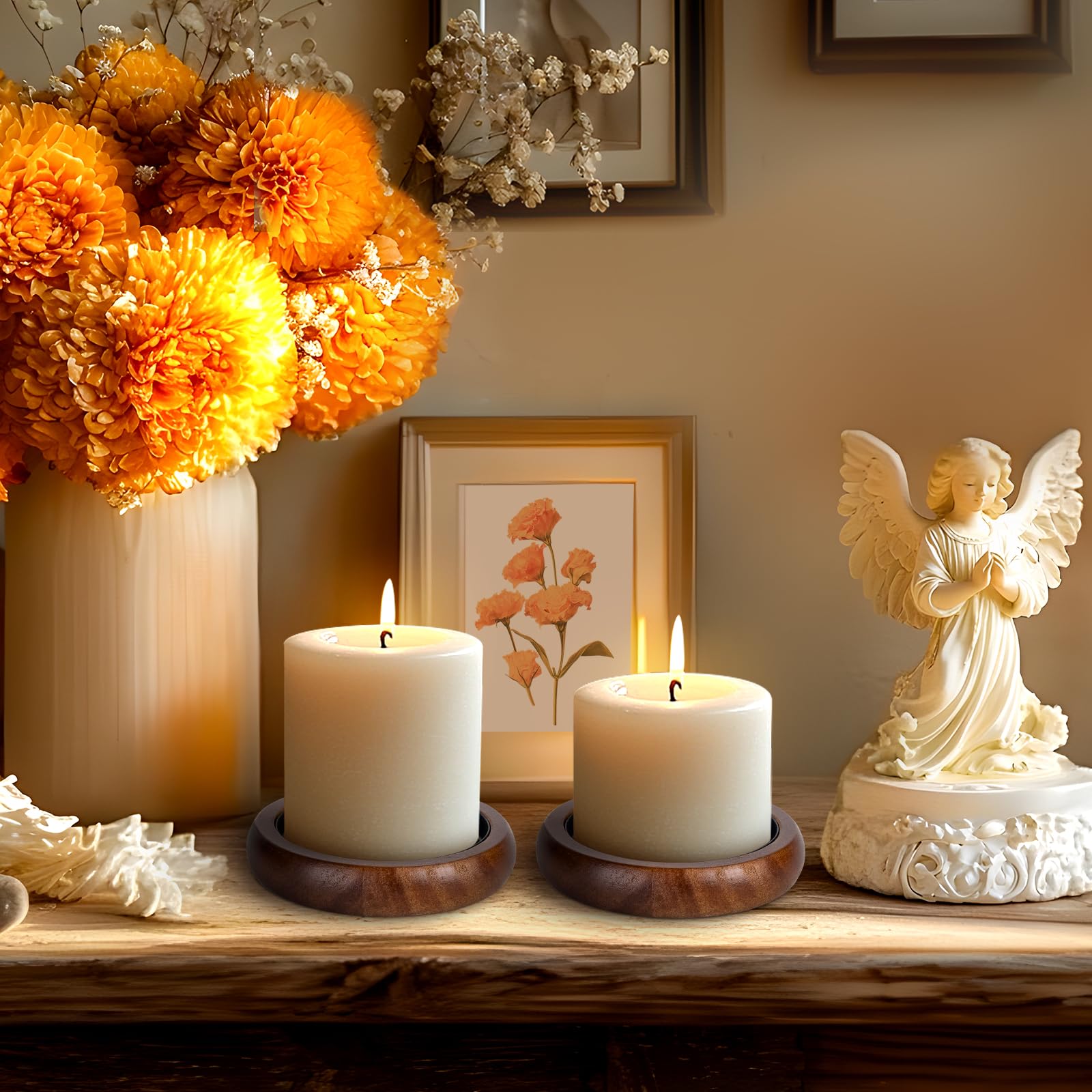 Set di 2 portacandele per candele a colonna, piatto in legno rustico, portacandele decorativo per soggiorno, centrotavola da tavolo, marrone