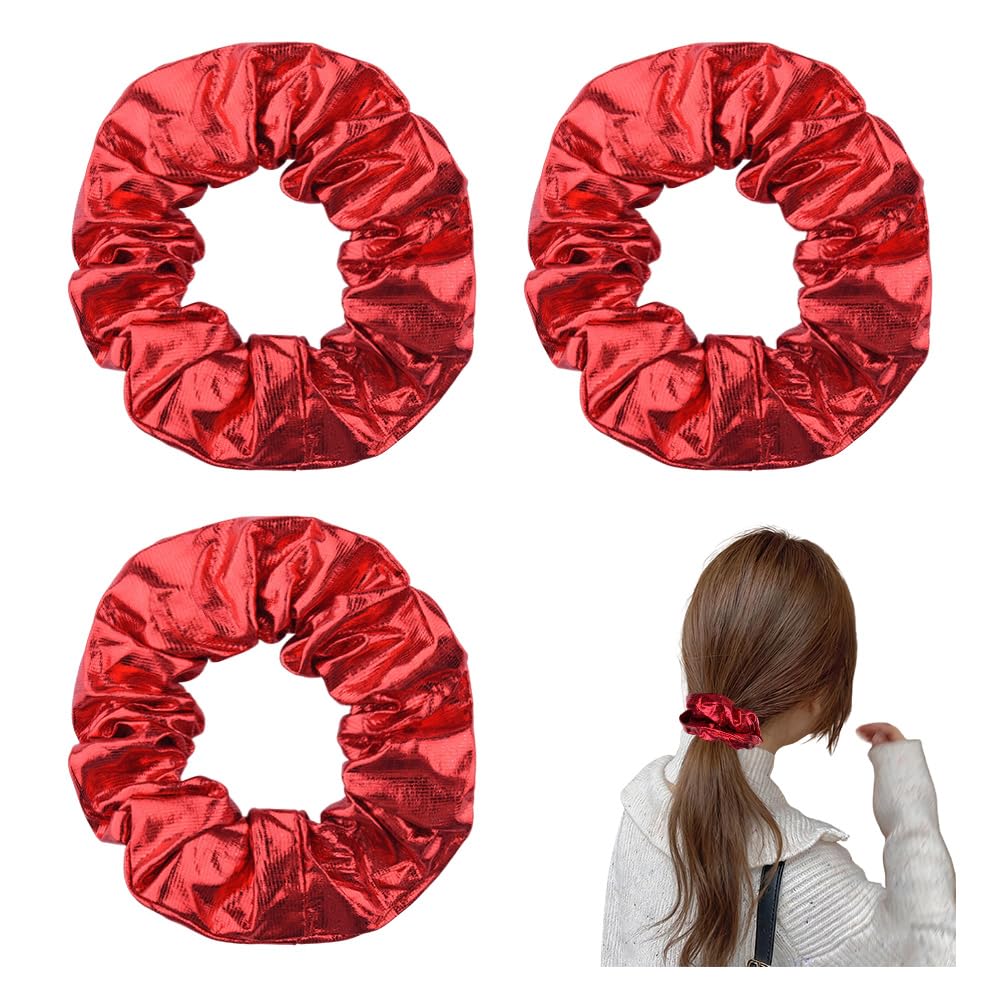 Wide Red Hair Scrunchie for Women Girls Wide Leather Hair Tie for Thick Fine Hair Red Leather Hair Accessories for Christmas Party Plain Soft Hair Bobbles for Short Long Hair Christmas Gifts