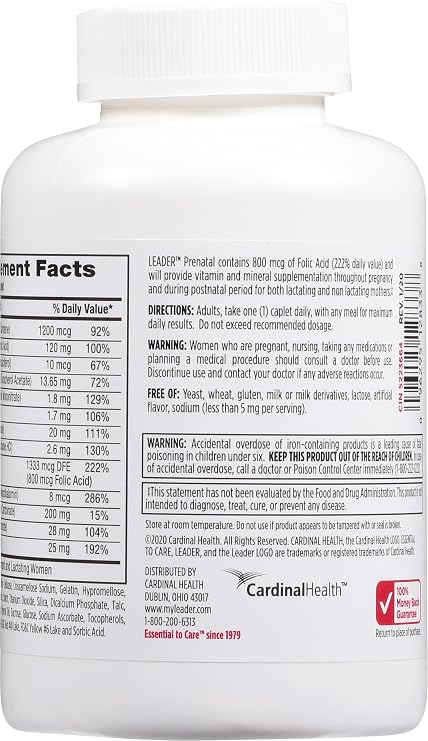Leader Prenatal Multivitamin with 800Mcg Folic Acid & Essential Nutrients for Healthy Pregnancy & Fetal Development, Dha, High Potency Vitamin for Expecting Moms, Daily Support, 365 Caplets