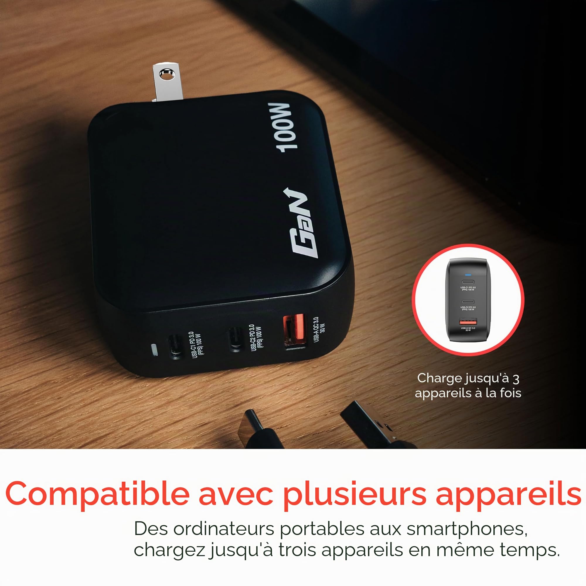Verbatim Mini GaN Chargeur de 100W, Chargeur USB-C à 3 Ports, Adaptateur Secteur avec 2 x USB-C et 1 x USB-A, Chargeur Rapide Universel (UE, UK, US), pour Ordinateur Portable, Tablette, Smartphone