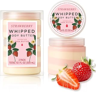 Princess Belle Strawberry Whipped Shea Body Butter, Body Moisturizer for Dry Skin, Smell Good, Strawberry Gifts for Women-2 Pack (3.4floz + 6.8 floz)