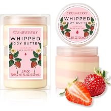 Princess Belle Strawberry Whipped Shea Body Butter, Body Moisturizer for Dry Skin, Smell Good, Strawberry Gifts for Women-2 Pack 3.4floz + 6.8 floz