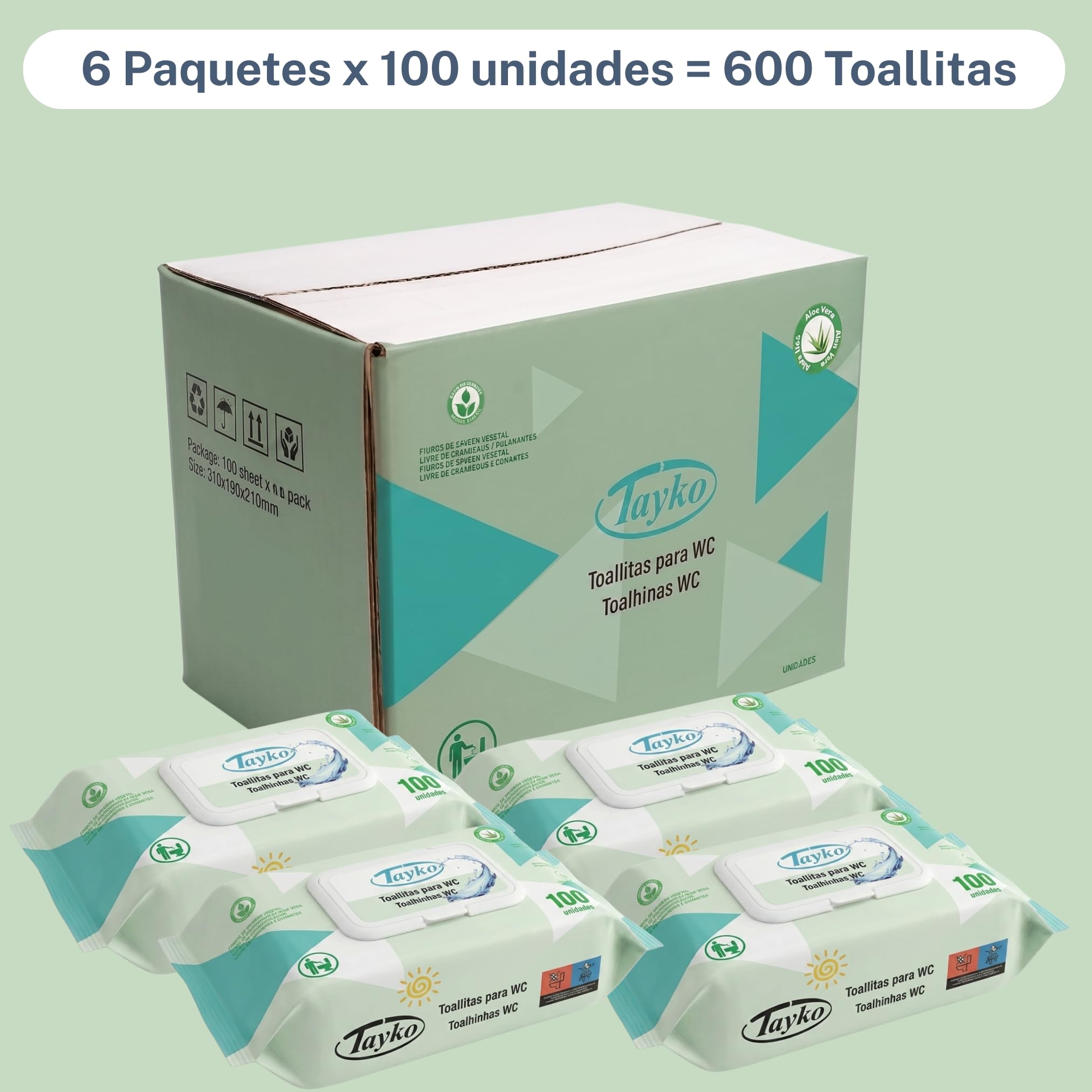 Tayko Toallitas Papel Higiénico Húmedo Aloe Vera, 600 toallitas con Tapa Rígida, Toallitas Húmedas Desechables para WC y Biodegradables, Dermatológicamente testeadas, con extracto camomila