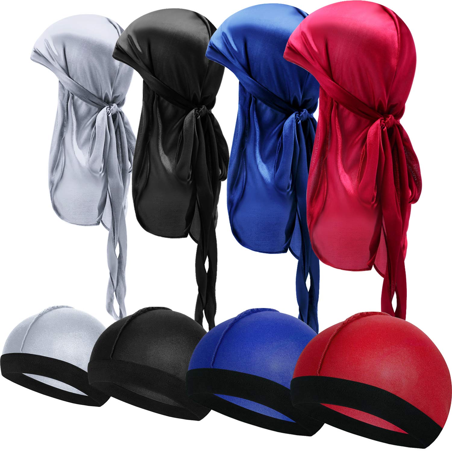 8 Pack Silky Durags for Men 4 Wave Cap 4 Long Tail Do Rags 360 Waves Elastic Headwraps for Men Women
