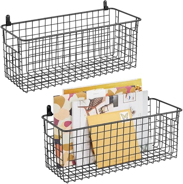 mDesign Hanging Storage Basket Wall-Mounted Wire Basket for Organising Hallways, Laundry Rooms, Bedrooms Multipurpose Organiser Tray for The Home Set of 2 Black