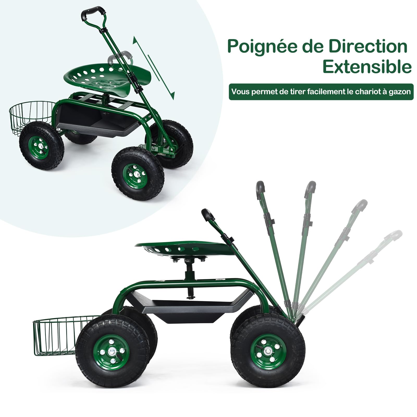 GOPLUS Siège de Jardin Roulant avec 2 Plateau à Outils, Poignée Ronde Extensible, Panier de Rangement, Siège Hauteur Réglable 45,5-54,5cm avec 4 Roues en Caoutchouc, Vert (avec Poignée)