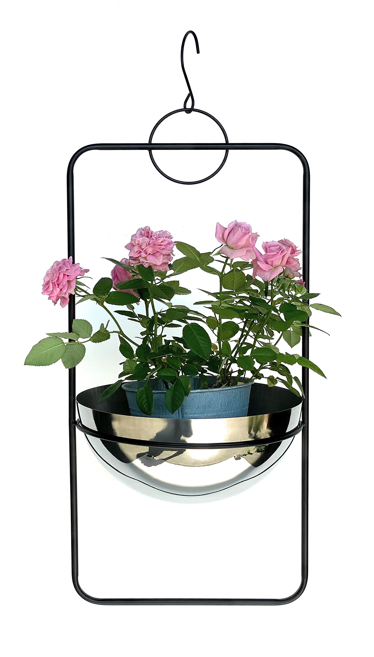 Fioriera Sospesa In Metallo DanDiBo Con Vaso Incluso – Portavasi Per Interni/Esterni, Design Industriale, Catena Di Ferro, Diametro 15 Cm, Altezza Totale 59 Cm, Colore Nero E Argento