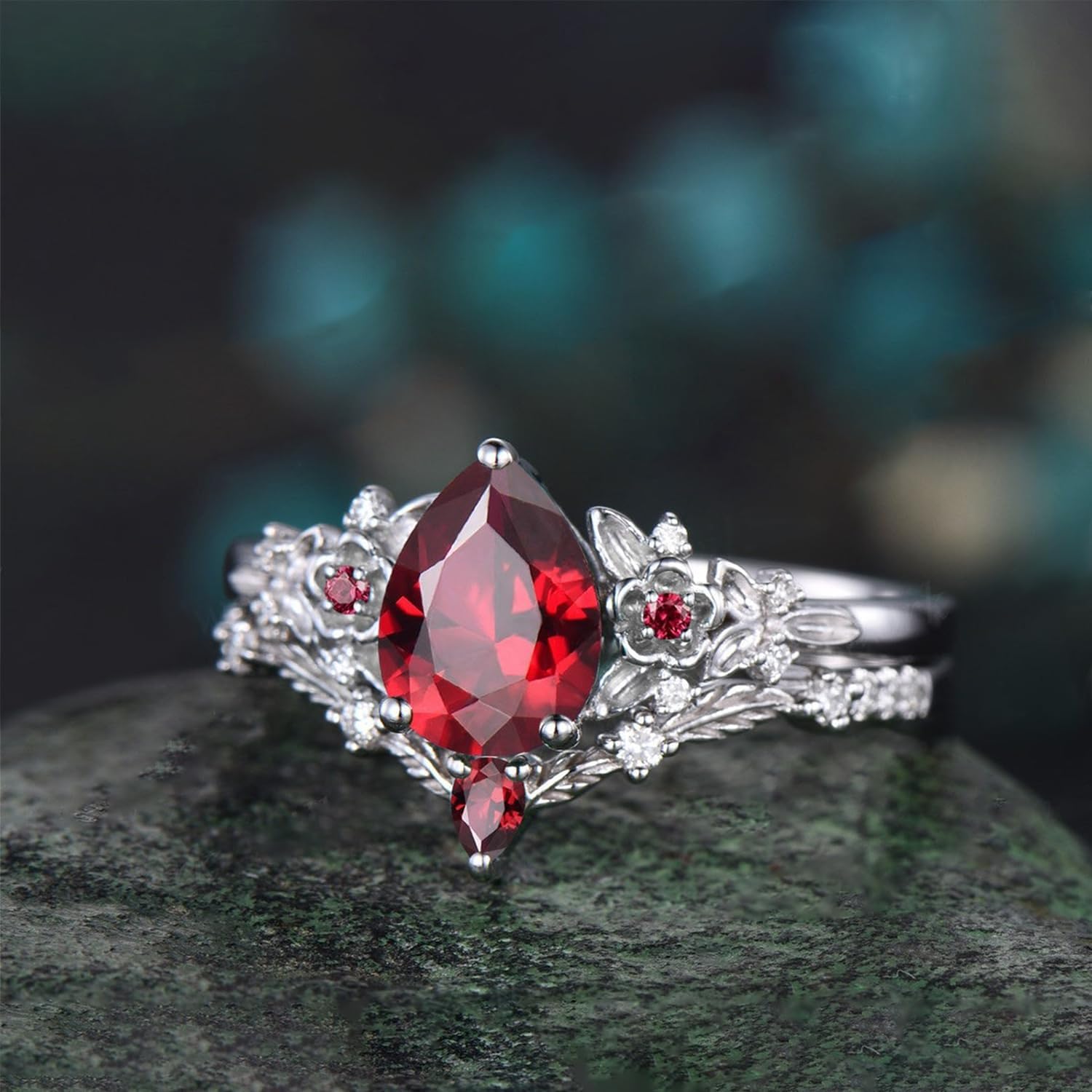 Created Ruby Rings Set for Women Wedding Band 925 Sterling 10K 14K 18K Gold Red Created Ruby Vintage Inspired Promise Jewelry Gifts for Anniversary Engagement Size4-12