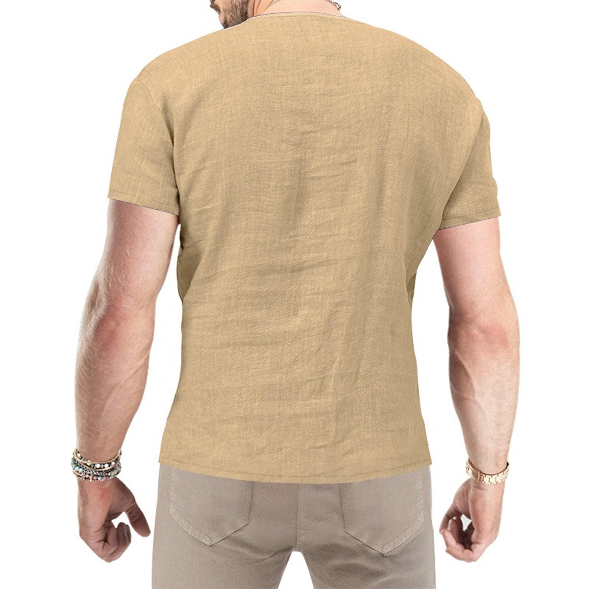 VgueElegc V-Neck Bodybuilding Workout Tee Lightweight Cotton Linen Henley Shirt Casual Short Sleeve Beach T Shirts for Men (Dark Khaki,XX-Large)