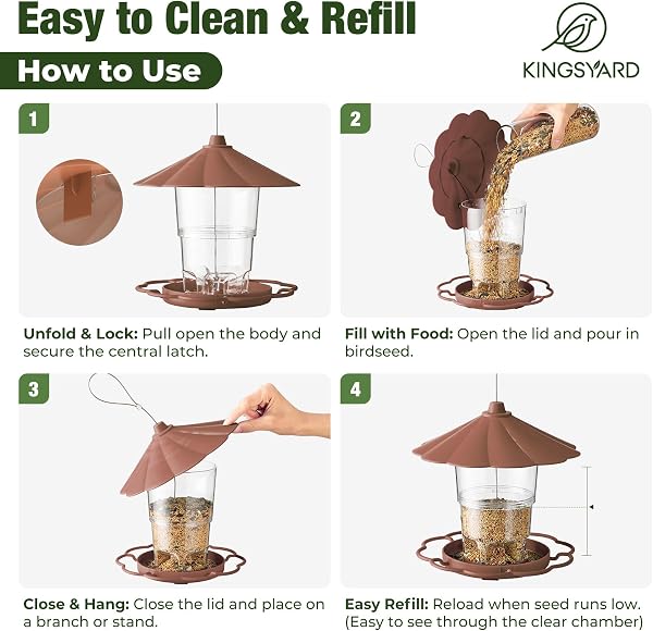 Kingsyard Bird Feeder for Outside Outdoors Hanging, Adjustable Hopper Feeders with Wide Seed Tray and Rainproof Roof, Wild Birds Feeder for Garden Backyard Decoration, 1 pack, Brown - 5