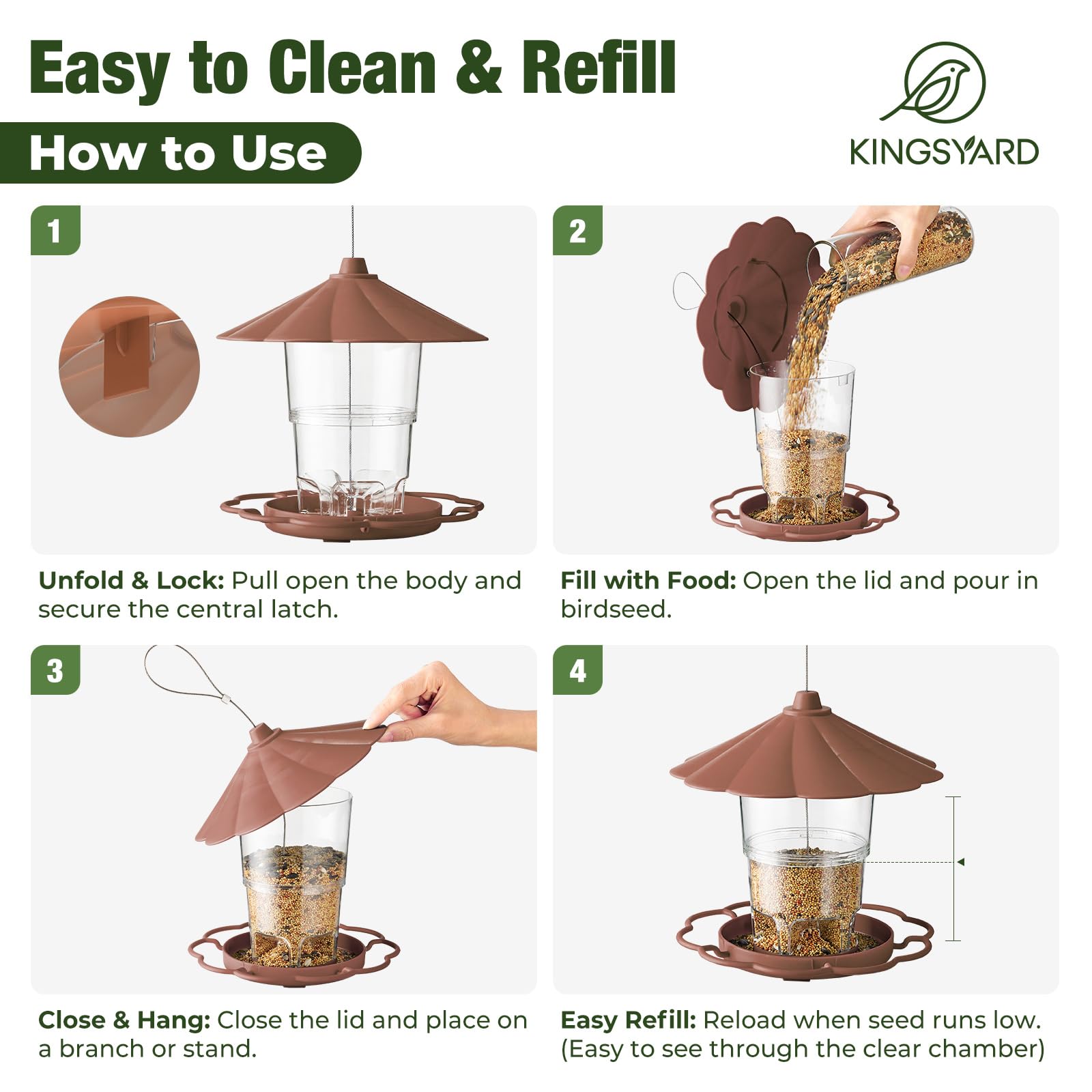 Kingsyard Bird Feeder for Outside Outdoors Hanging, Adjustable Hopper Feeders with Wide Seed Tray and Rainproof Roof, Wild Birds Feeder for Garden Backyard Decoration, 1 pack, Brown - 5