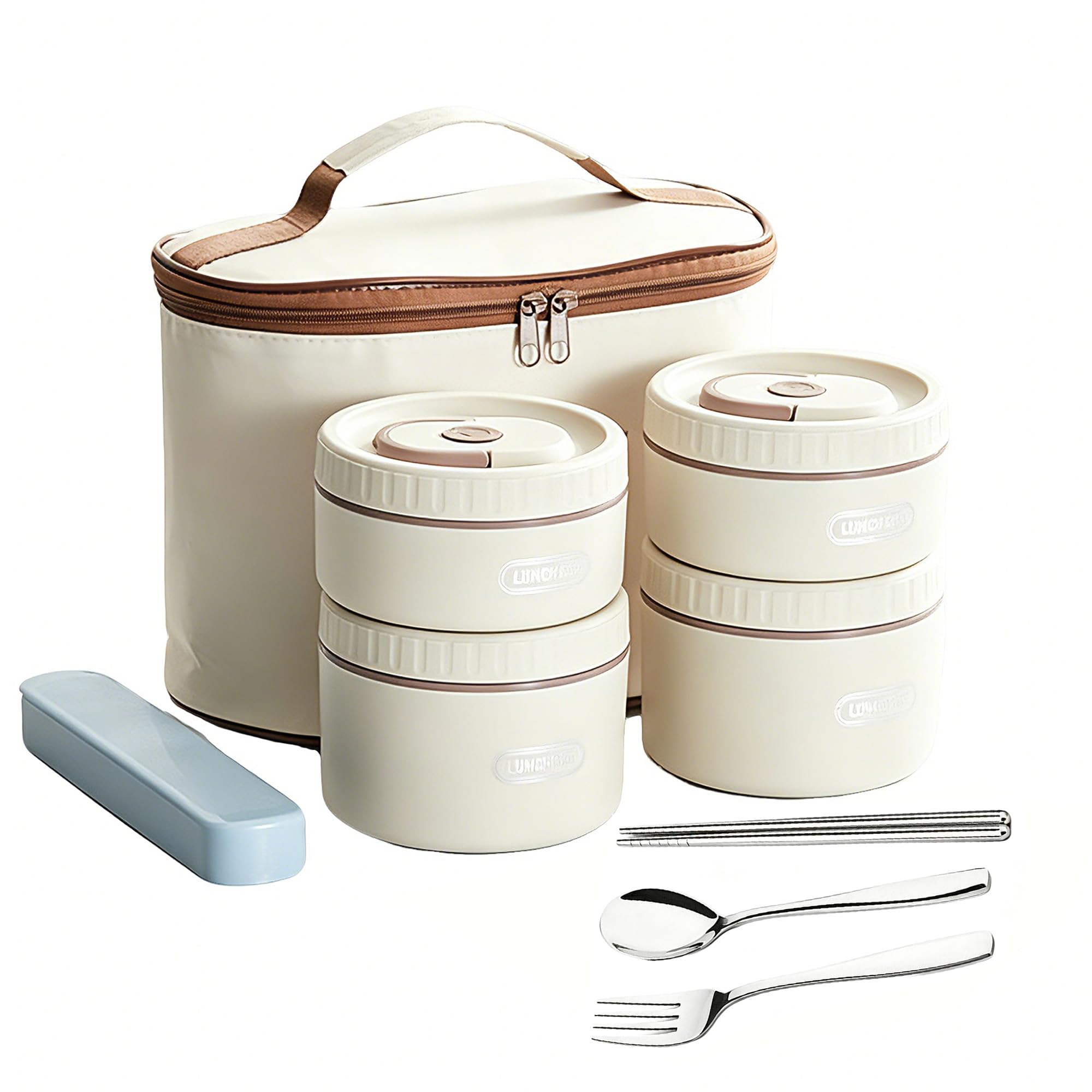 Conteneurs Alimentaires en 304 Acier Inoxydable, Boîte À Déjeuner Empilable Isolée avec Sac, Portable Boîte Bento Alimentaire pour Le Travail, L'École Et Les Voyages,Beige-4 pcs