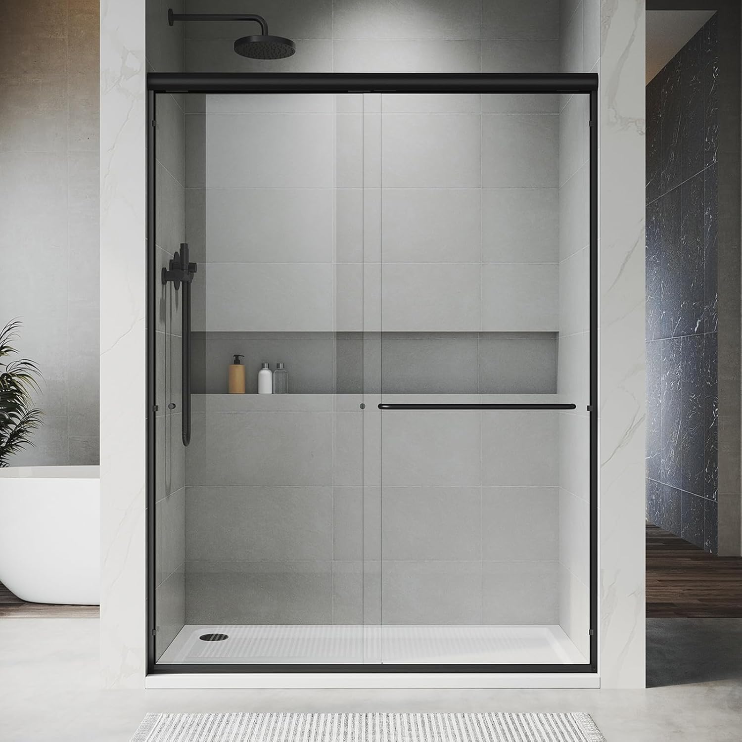 Double Sliding Shower Door with Frame - 46"-49" W x 76" H Tempered Glass, Aluminum Frame, Bypassing Design, Easy Installation, Through-Glass Towel Bar & Knobs, Matte Black UKD07N-49X76-MBL