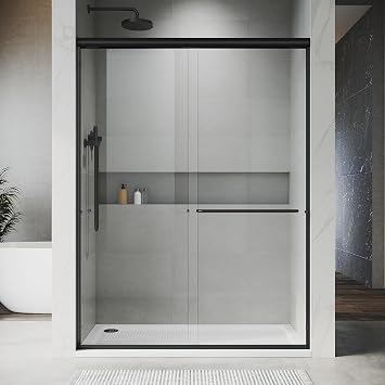 Double Sliding Shower Door with Frame - 66"-72" W x 76" H Tempered Glass, Aluminum Frame, Bypassing Design, Easy Installation, Through-Glass Towel Bar & Knobs, Matte Black UKD07N-72X76-MBL