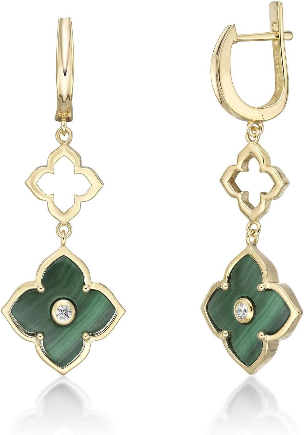 Mother of Pearl, Black Onyx or Green Malachite with Cubic Zirconia Flower Dangling Drop Earrings for Women in 925 Sterling Silver with Hinged Back by Lavari Jewelers