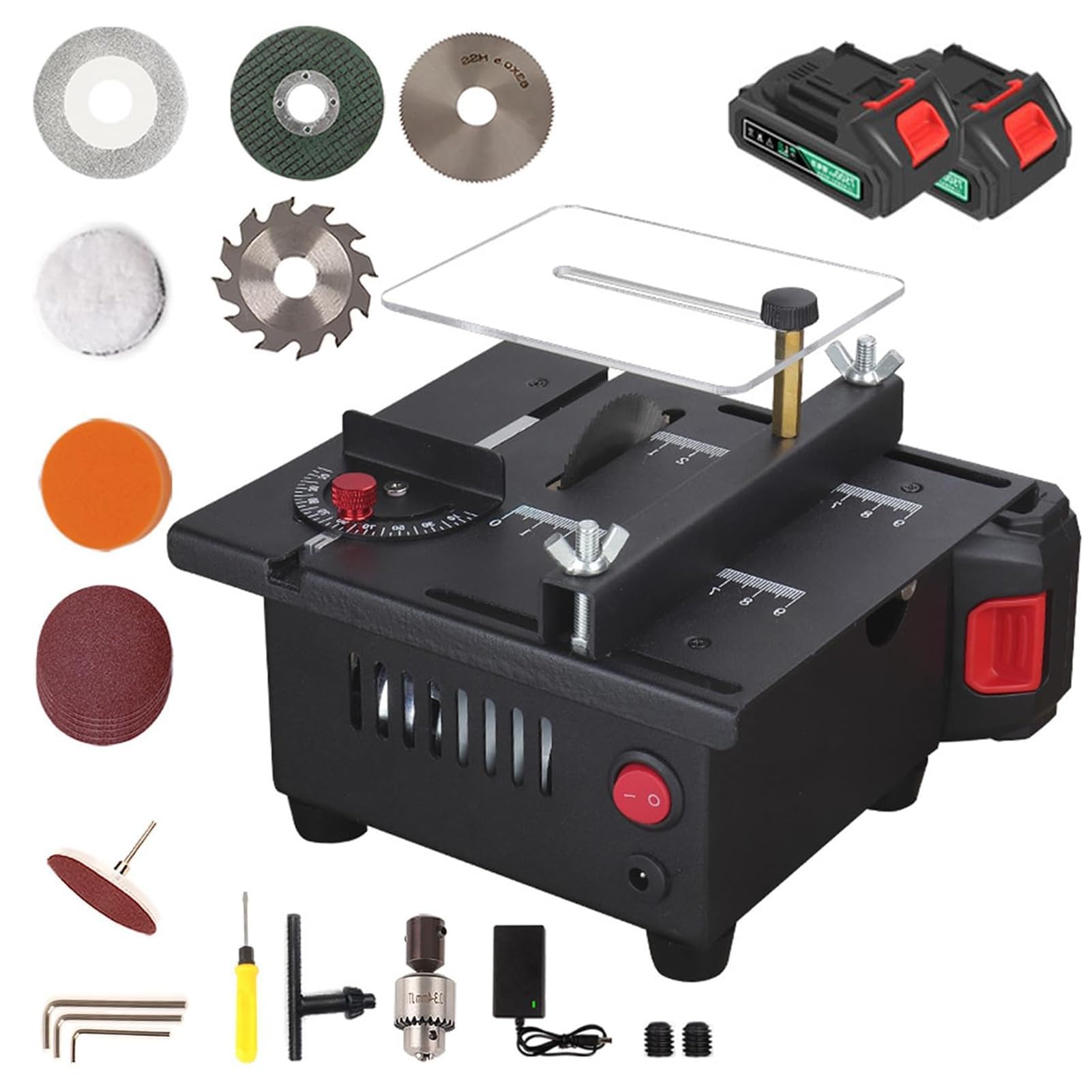 Mini sierra de mesa inalámbrica, 15000 r/min, sierra eléctrica de banco de metal y madera con ajuste de ángulo, profundidad de corte de 16 mm para PCB, madera fina, incluye 2 baterías
