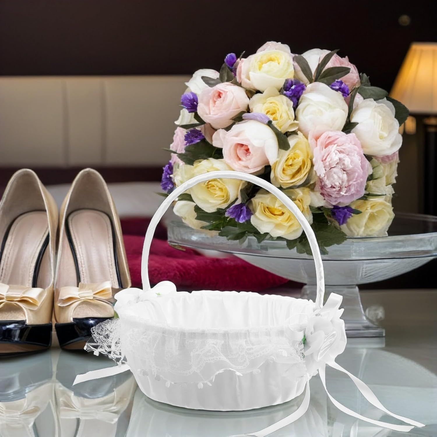 VILLCASE Wedding Lace Flower Girl Basket with Bow Handle, White Decorative Storage Basket for Wedding Ceremony, Anniversary, and Holiday Party Decorations