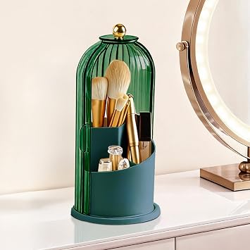 Makeup Brush Holder 360 Rotating Countertop Organizer with Lid Green