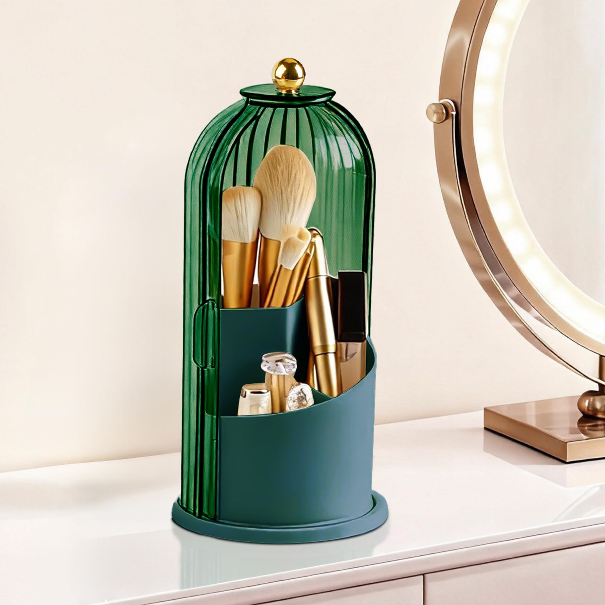 Makeup Brush Holder 360° Rotating Countertop Organizer with Lid (Green)