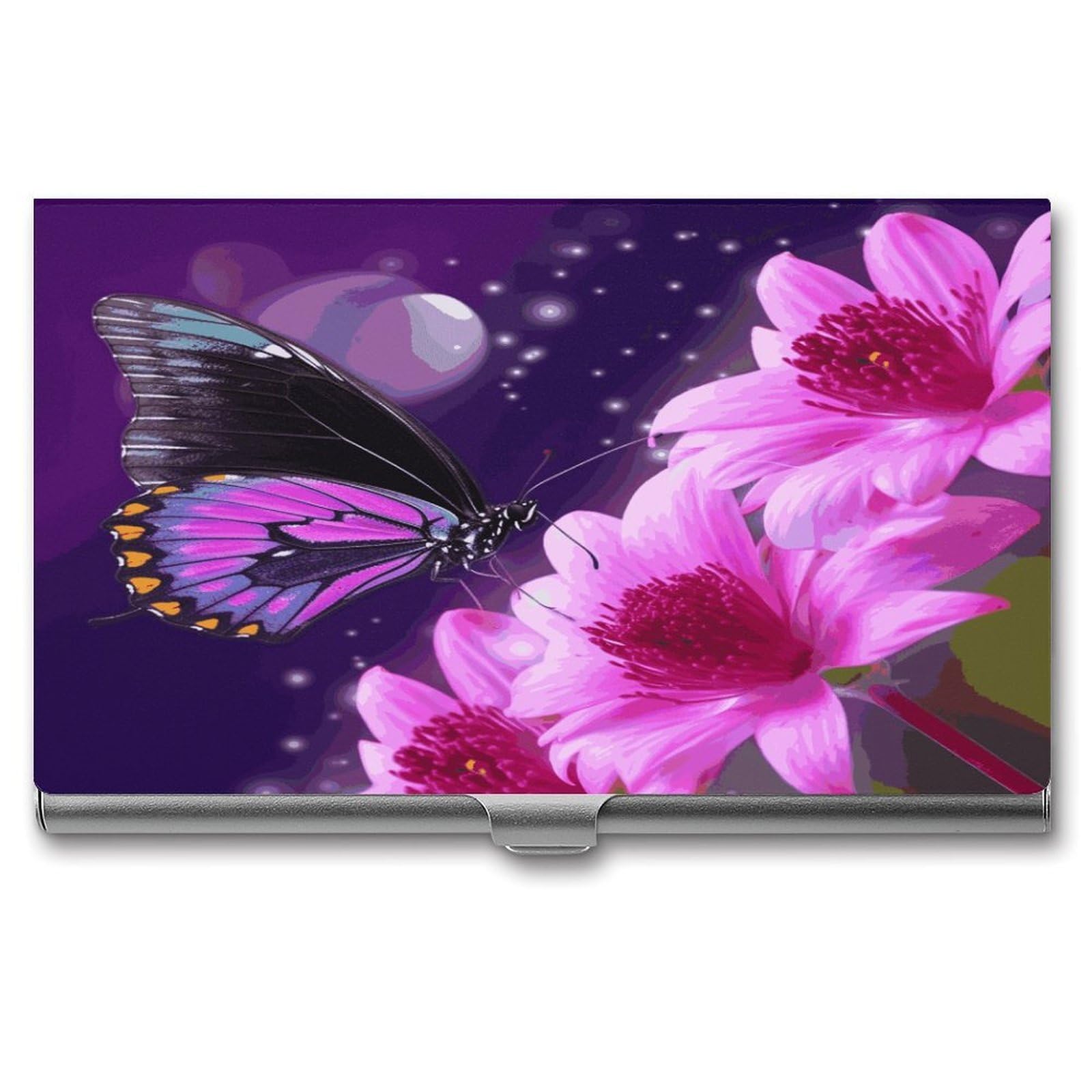 FekiLoot Purple Butterfly And Flower Business Card Holder for Men Women Metal Slim Organizer Business Card Carrier Wallet Name Cards Holder Retro Slim Pocket Purse Small Portable Card Case