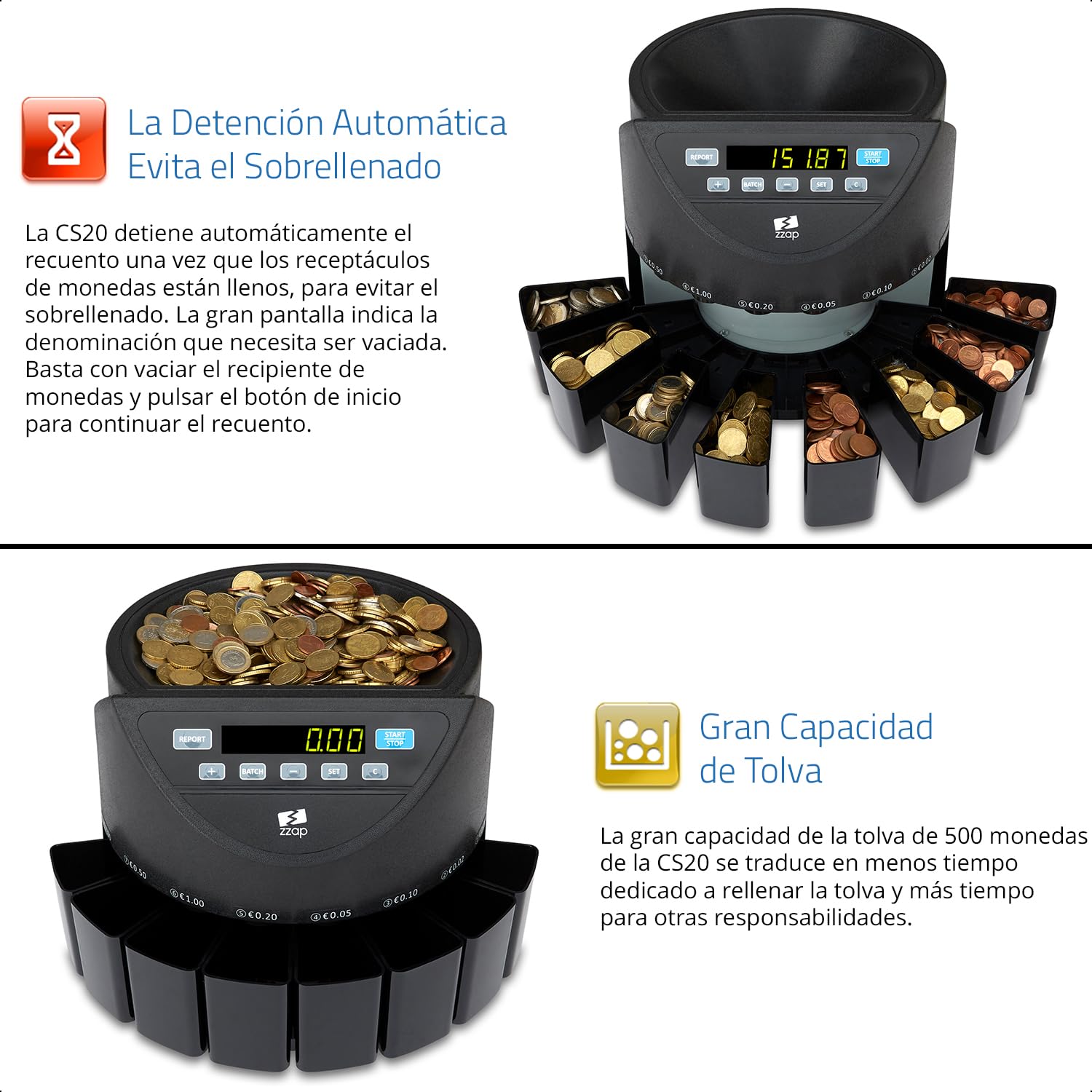 ZZap CS20 - Contadora y clasificadora automática de monedas EURO – Velocidad de conteo de 220 monedas/minuto, recuento por lotes ¡y más!