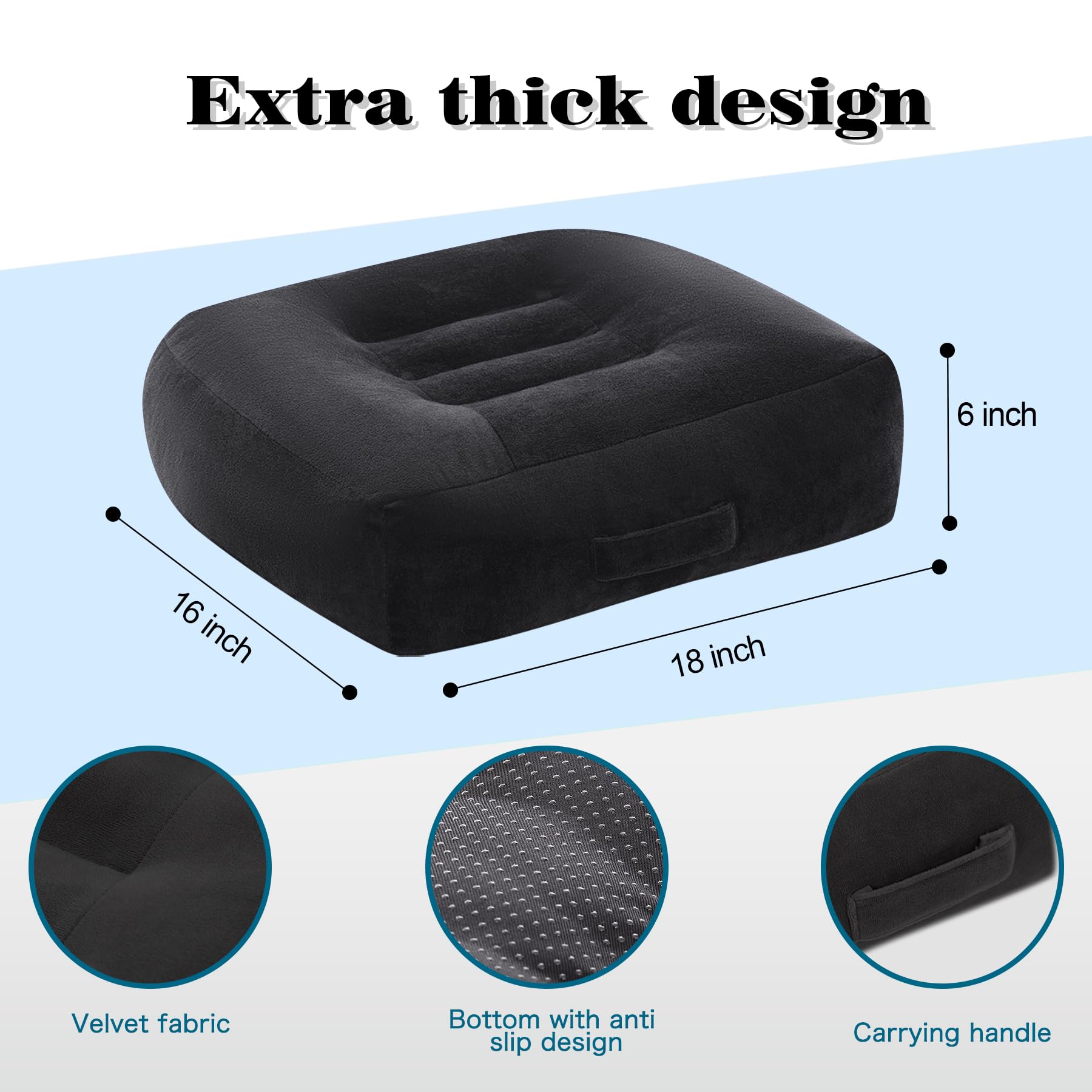 Cojín de asiento extra grande, cojín grueso para silla de oficina, funda de terciopelo con asa y parte inferior antideslizante, relleno de algodón PP, alivio del dolor de coxis (negro, XL)