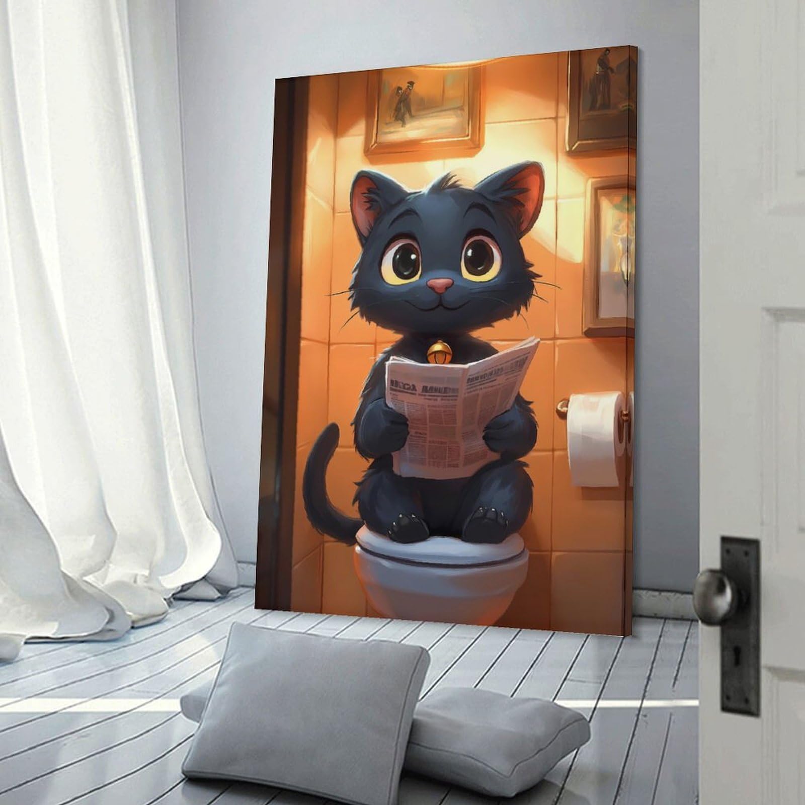 Junmoney Frame-Style-20 Cartoon Cat Reading Newspaper On Toilet Home Decor Wall Art, 20X30inch(50X75cm), For Wall Displays, Bedrooms Or Room Updates, Ideal For Building A Coordinated Art Wall
