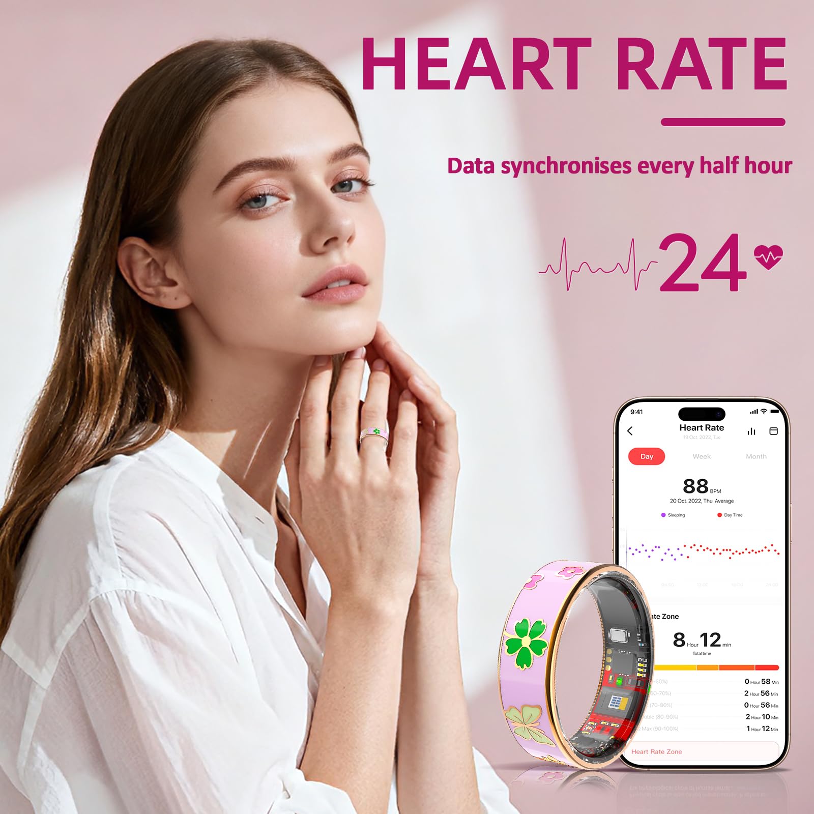 Smart Ring Damen, Fitness Tracker, Gesundheits-Ring für Sleep, Stress, Herzfrequenz, Frauen-Gesundheits, Ring, Ohne ABO, iOS und Android