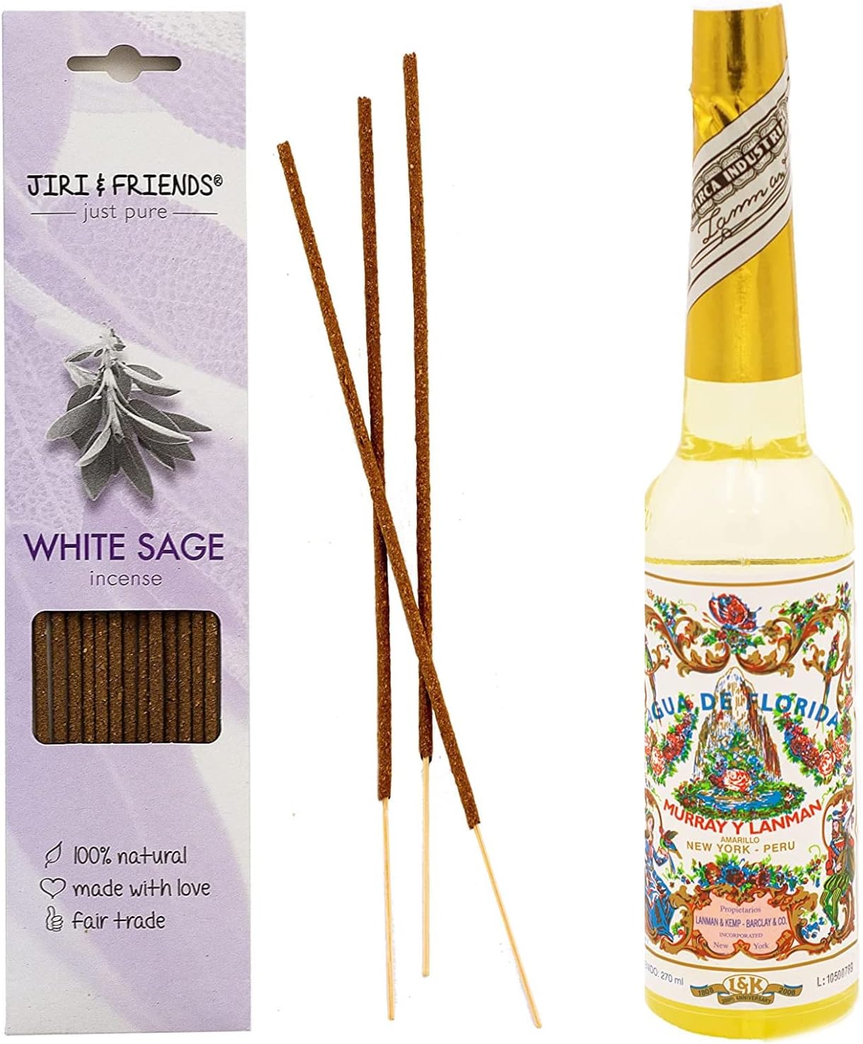 Jiri & Friends 1 Pack White Sage Incense Sticks 15 Pieces Natural Incense and Agua de Florida | Agua de Florida 270 ml - Sjaman Cleansing Spirit Water | 100% Natural