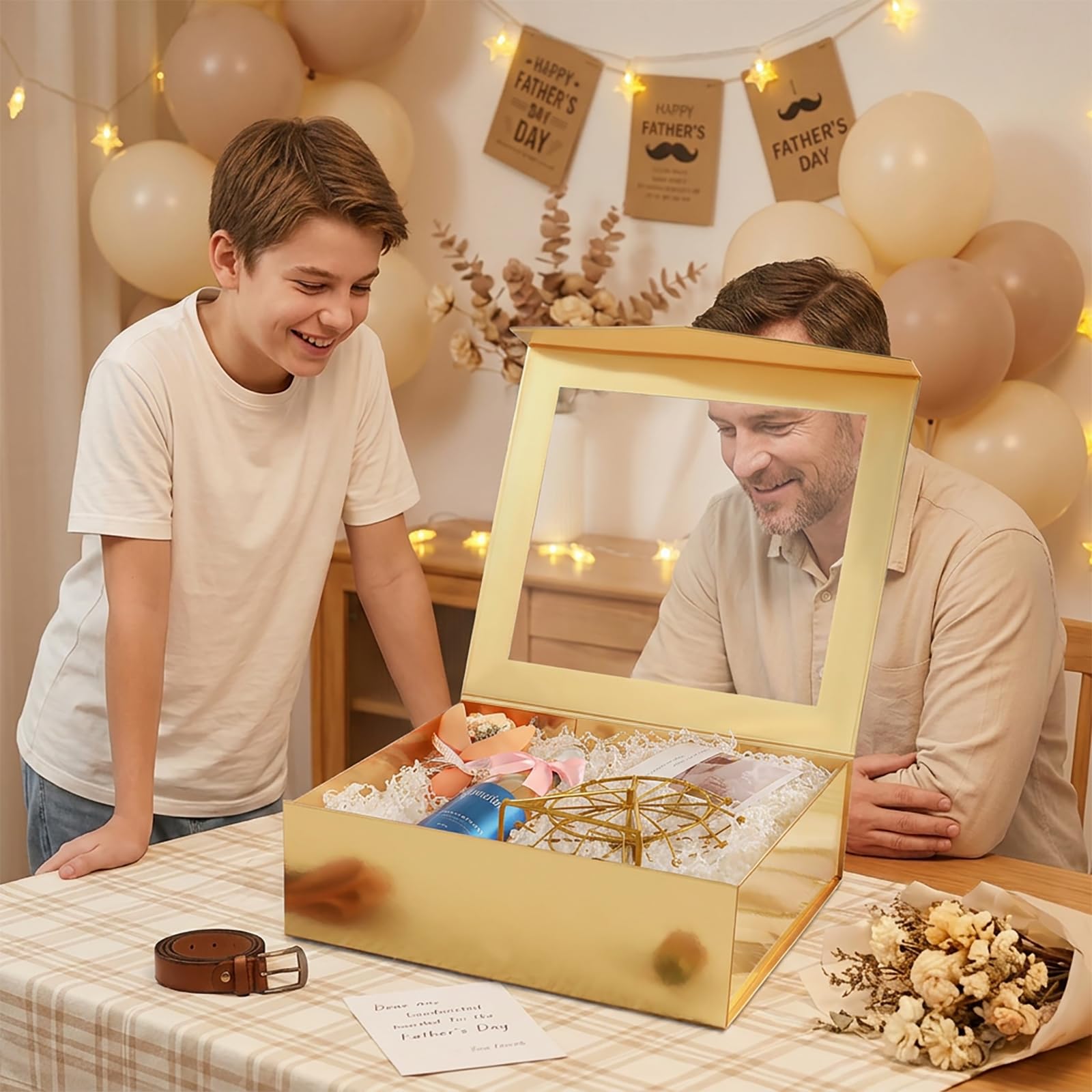 PACKQUEEN 5 extra große goldene Geschenkboxen mit Fenster, 41 x 36 x 12 cm, transparente Geschenkboxen für Geschenke enthalten Bänder, Karten, Brautjungfernantragsboxen mit magnetischen Deckeln