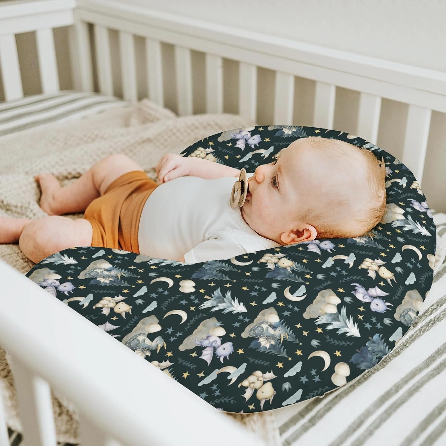 Fairytale Dragons Baby Nursing Pillow Cover for Boy Girl Cute Dragon Moon Stars Clouds Trees Eggs Nursery Pillowcase for Breastfeeding Pillows Fantasy Animal Soft Stretchy Slipcover for Newborn Infant