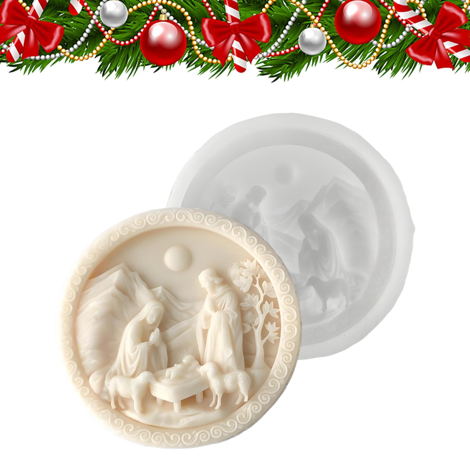 Moule silicone crèche de Noël 3D rond pour résine époxy et fondant