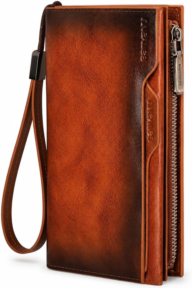 WILD WORLD Handmade Full Grain Leather RFID Long Wallet for Men