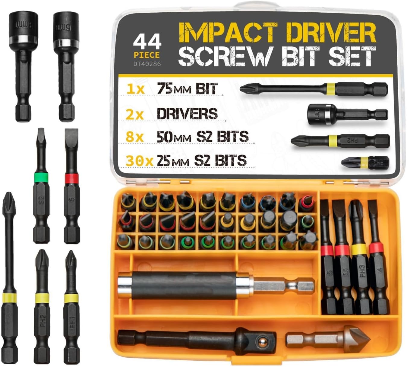 STAYOUNG 1/4” Hex Shank Impact Driver Screw Bits 44 Pieces Set - S2 Carbon Steel Alloy Bits, for Hard Fastening with Retracting Screw Sleeve Holder, Nut Drivers
