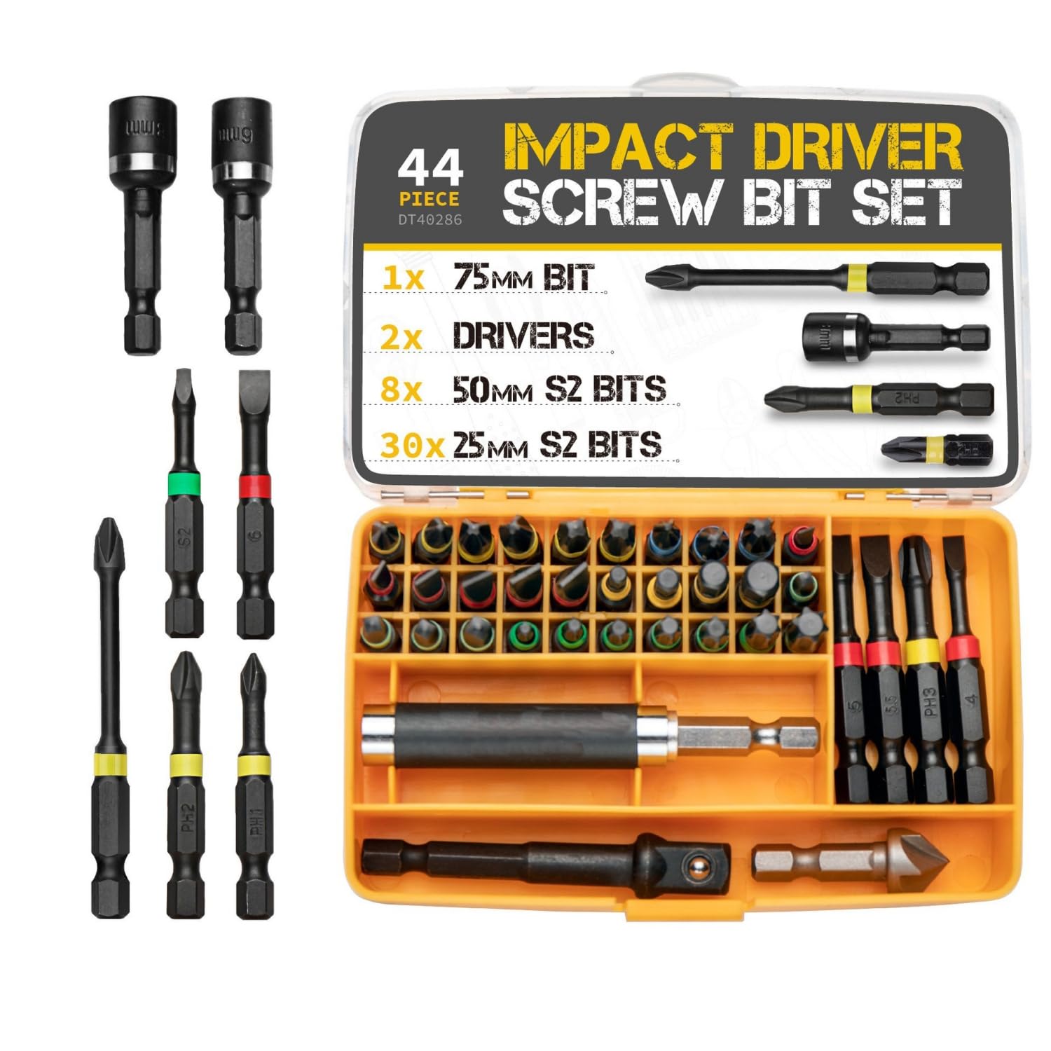 STAYOUNG 1/4” Hex Shank Impact Driver Screw Bits 44 Pieces Set - S2 Carbon Steel Alloy Bits, for Hard Fastening with Retracting Screw Sleeve Holder, Nut Drivers