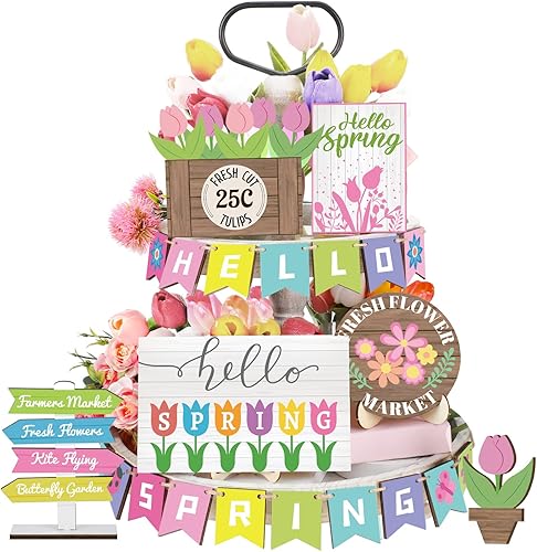 Bucherry 23 piezas de decoración de bandeja escalonada con diseño de tulipanes mesa de madera decoración de mercado de flores decoración rústica de