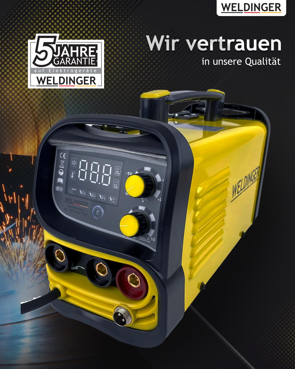 WELDINGER ME 130 mini Flux Fülldrahtschweißgerät + 1 kg Fülldraht + Fülldraht-Gasdüse + Stromdüsen MMA Lift-WIG abnehmbares Schlauchpaket 5 Jahre Garantie