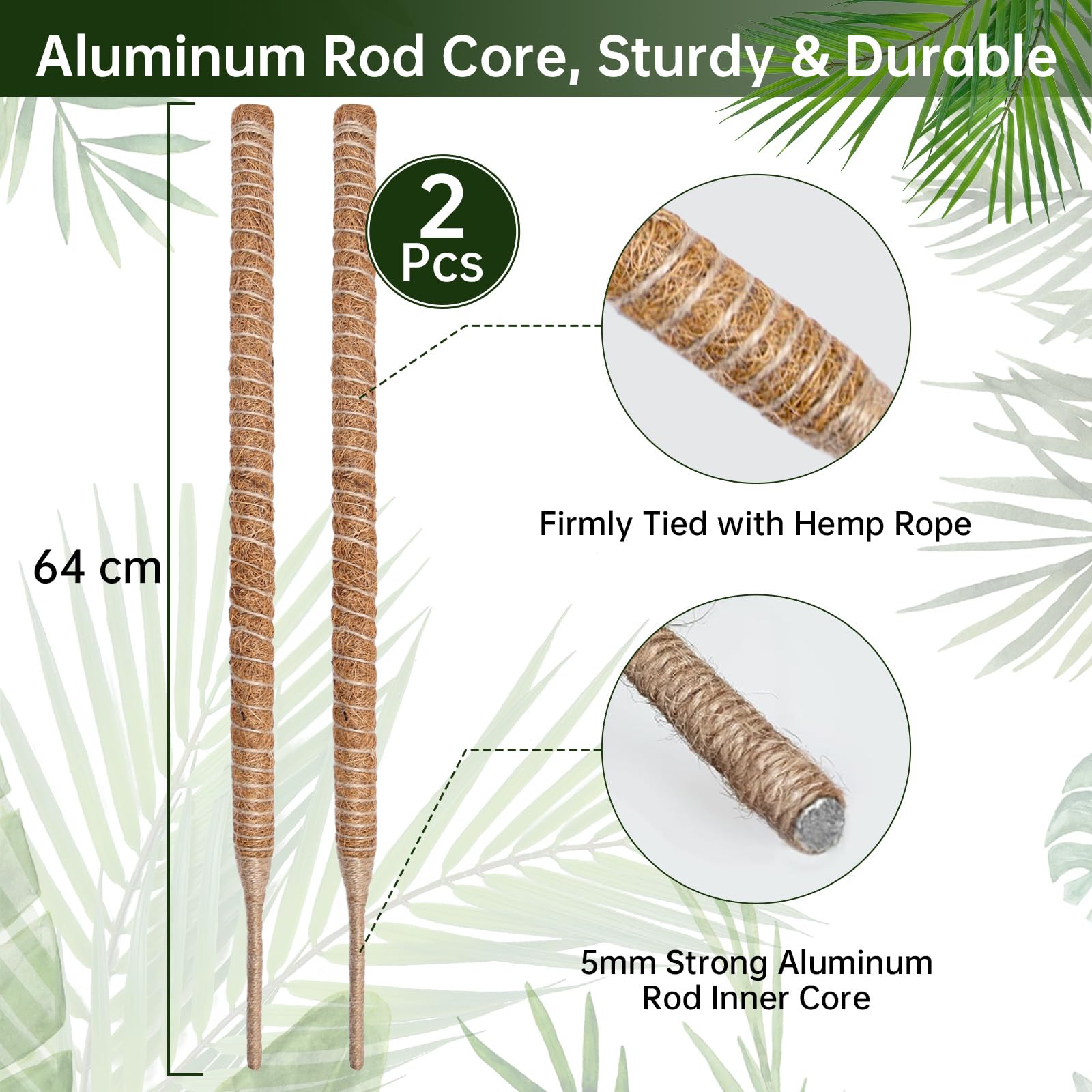 Moss Pole 64 cm Bendable Moss Poles for Plants 2 Pcs Moss Pole for Monstera Coir Totem Pole for Climbing Plants Support Outdoor Indoor Plant with Two-Meter Velcro*2 for Potted Plants to Grow Upward - Image 2