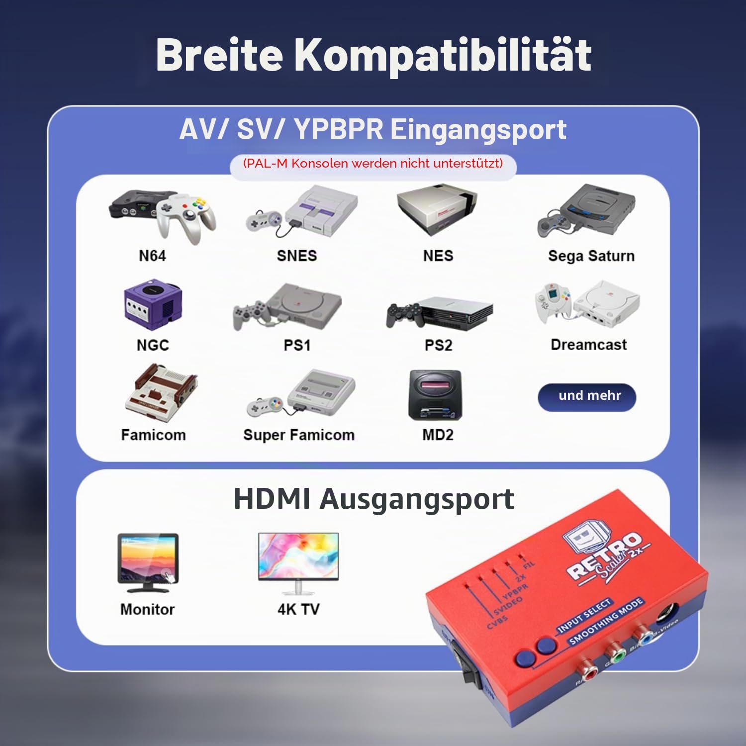 BITFUNX RetroScaler A/V zu HDMI Konverter für Retro-Spielekonsole, unterstützt 2 Line Duplikator und Filter/Schritt, Videospieladapter ohne Verzögerung, für