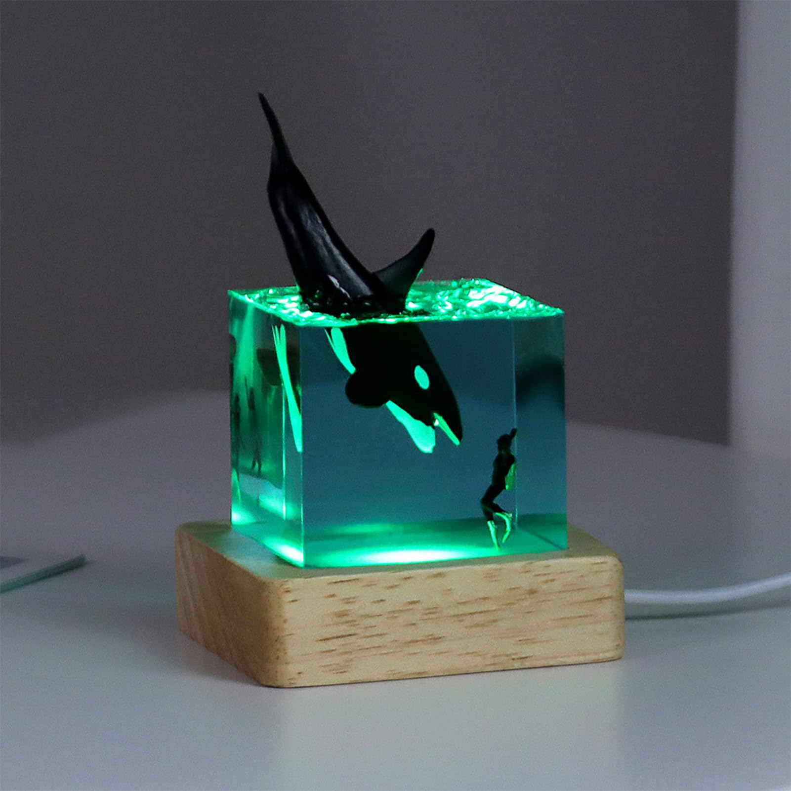 Tuzsocr 3D Epoxy Resin Lamp,LED Whale Night Light,Sea Diver and Shark Cube Lamp,Realistic Ocean Animals Sculpture,Whale Model with Woodern Base 70mm,Unique Style Gift for Ocean Lovers (Style 3 + Base)