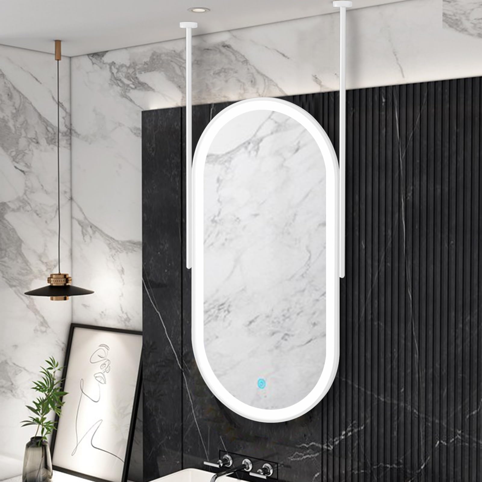 SXFSDOU Oval Wall Mirror Bathroom Hanging Rod with LED Light, Ceiling Mounted Mirrors for Bedroom Living Room, Washroom Shaving Decorative(50cmx70cm)