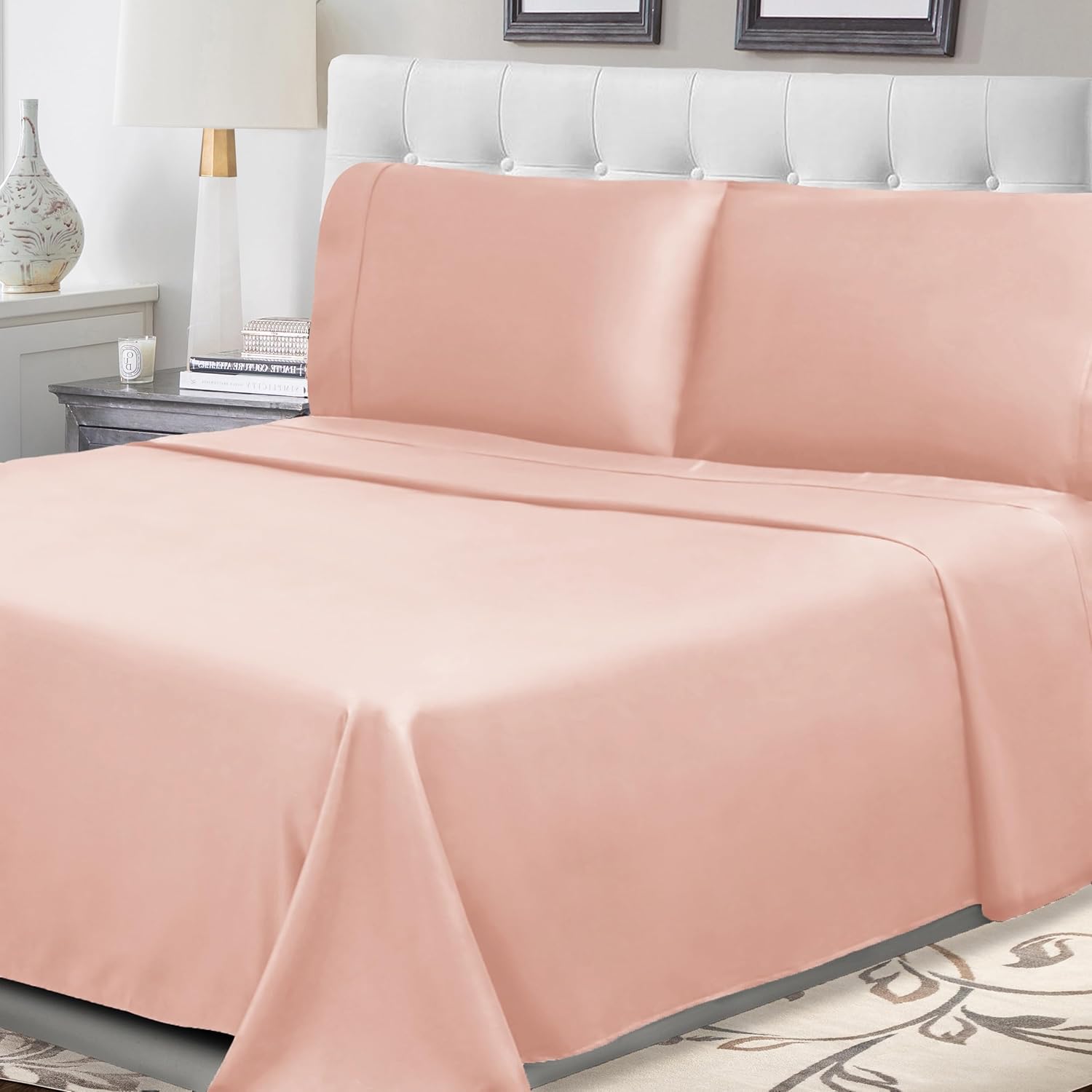 Superior 300 Thread Count Cotton Percale Sheet Set, Silky-Soft, Cooling Sheets, Bed Basics, Breathable Bedsheets, 2 Elastic Deep Pocket Fitted Sheets, 1 Flat Sheet, 2 Pillowcases, Split King, Blush
