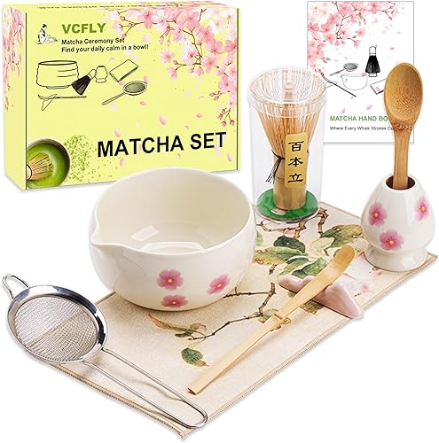 Juego de batidor de matcha, juego de 8 piezas de cerámica matcha, kit de matcha para amantes del matcha, juego de té tradicional incluye cuenco,