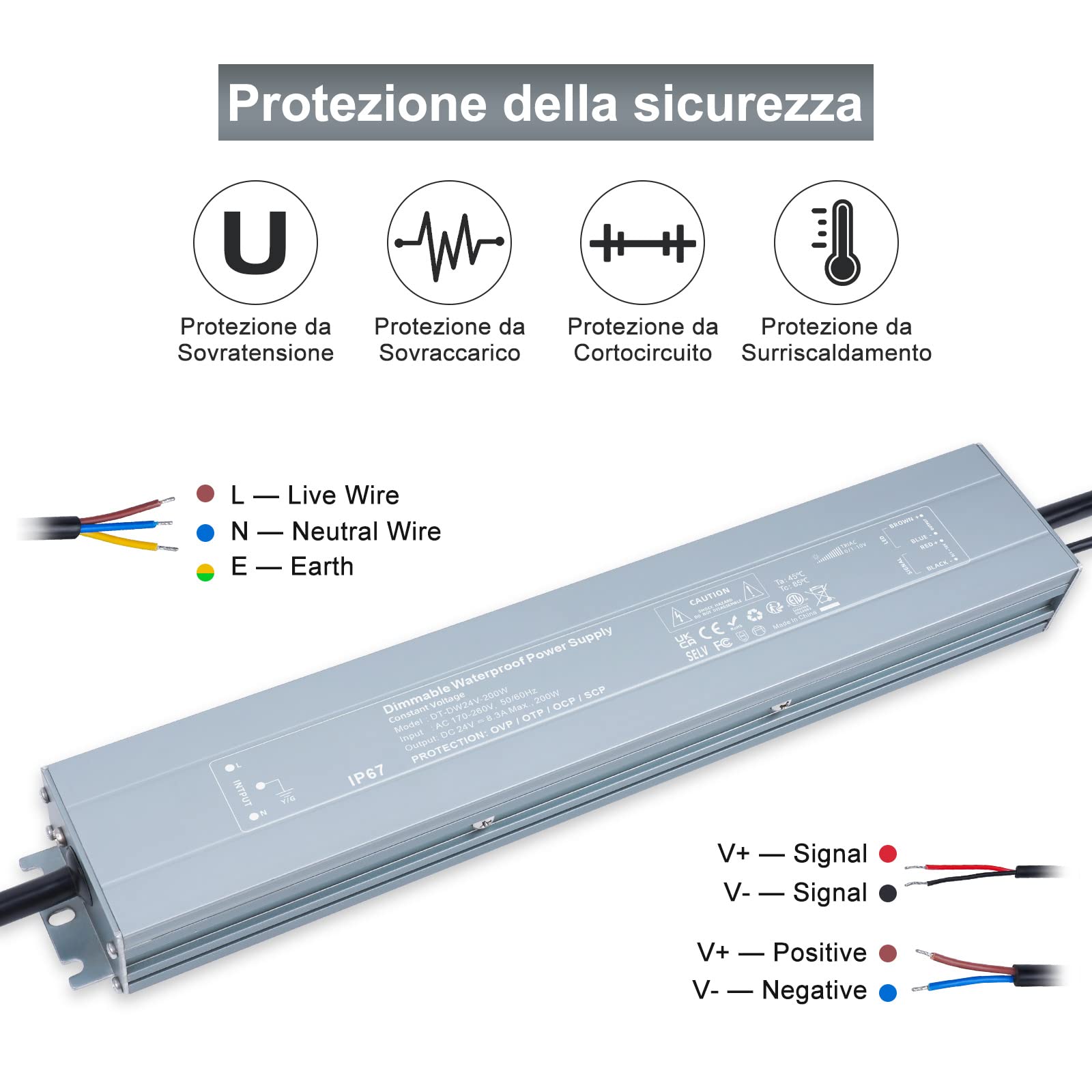 REYLAX Trasformatore LED da 220V a 24V 200W Dimmerabile Impermeabile IP67 TRIAC & 0-10V&1-10V & PWM Outdoor Alimentatore 8.3A Driver LED DC 24 Volt a Bassa Tensione Power Supply Tensione Costante