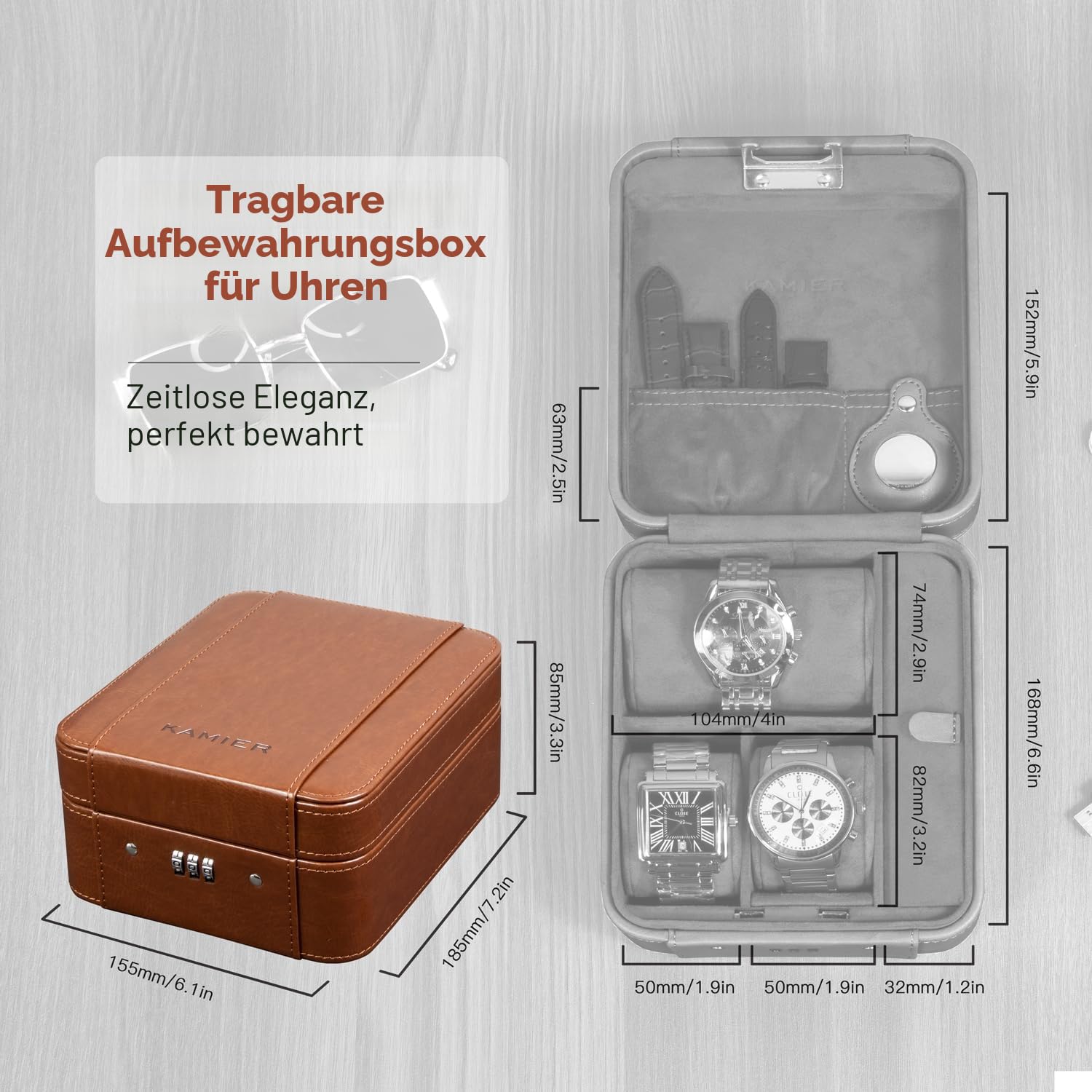 KAMIER Uhrenbox mit Zahlenschloss für 4 Uhren, Reiseetui Exklusive Uhrenaufbewahrung aus Hochwertigem Leder und edlem Samt, Uhrenbox Herren für Reise Watch Case, Kompatibel mit AirTags, Braun
