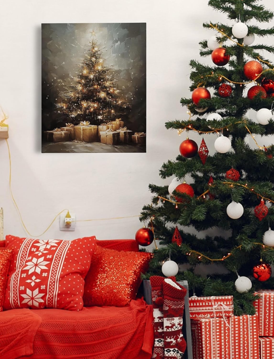 Foritho Vintage Glitter Christmas Tree Canvas Wall Art Prints, Rustic Christmas Decor, Retro Xmas Tree Gift Boxes Framed Wall Decor for Home Bedroom Living Room, 11x14 Inch - Image 3