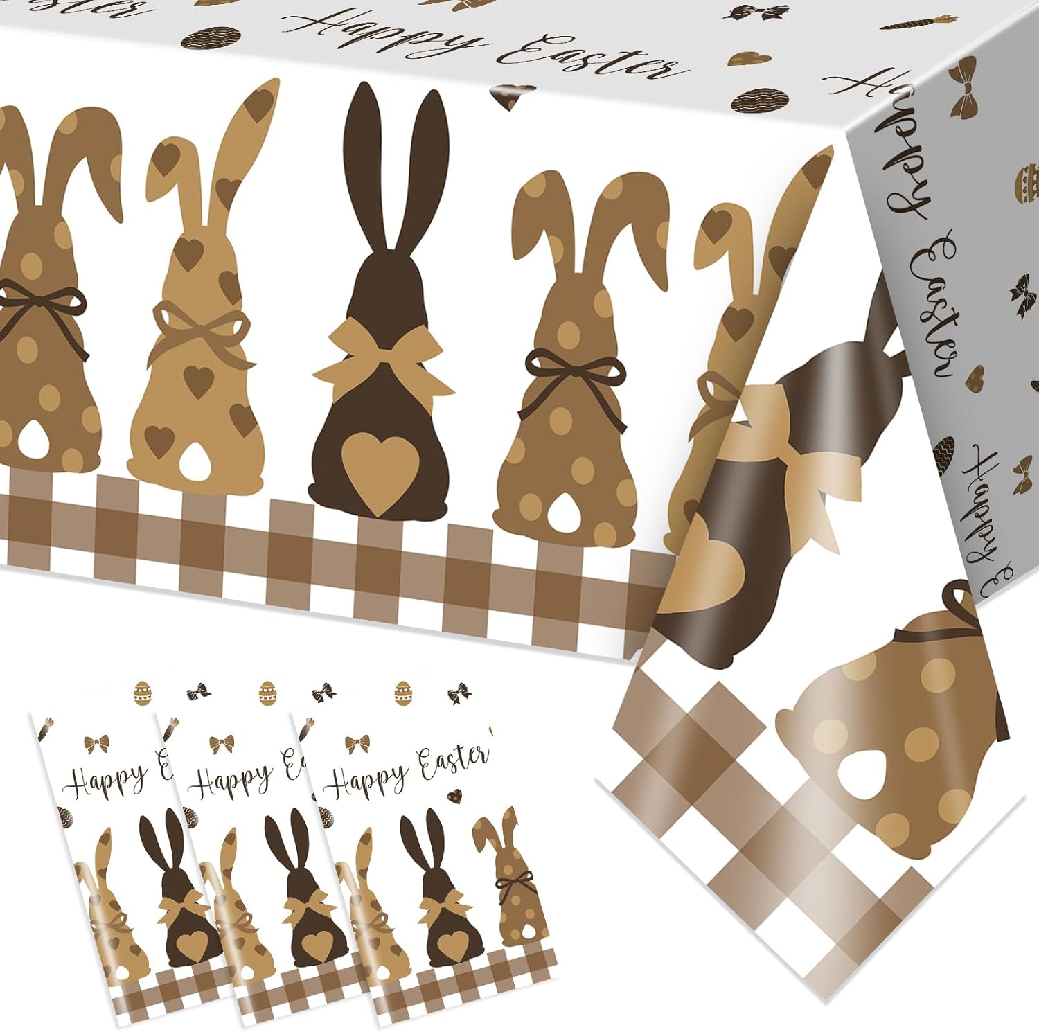 Avezano 3pcs Happy Easter Tablecloth 108 x 54 inch Buffalo Plaid Easter Party Tablecloths Rectangular Brown Bunny Plastic Table Cloth Disposable for Party Decorations