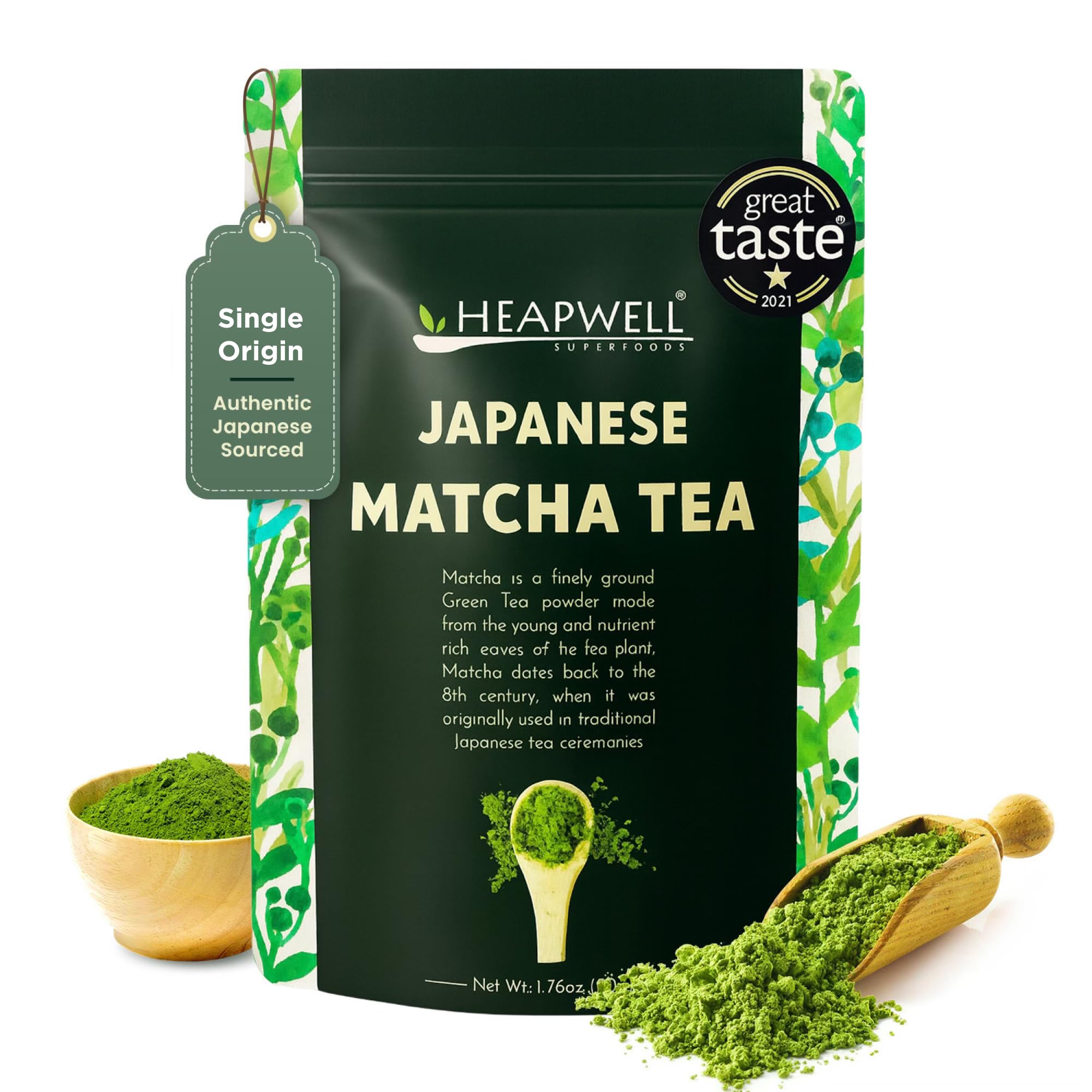 Heapwell Matcha Powder - 50g | High Grade Japanese Premium Green Tea Powder | Great Taste Award Winner | Perfect for Tea, Lattes & Smoothies | Contains L-Theanine & Antioxidants | Vegan & Gluten-Free